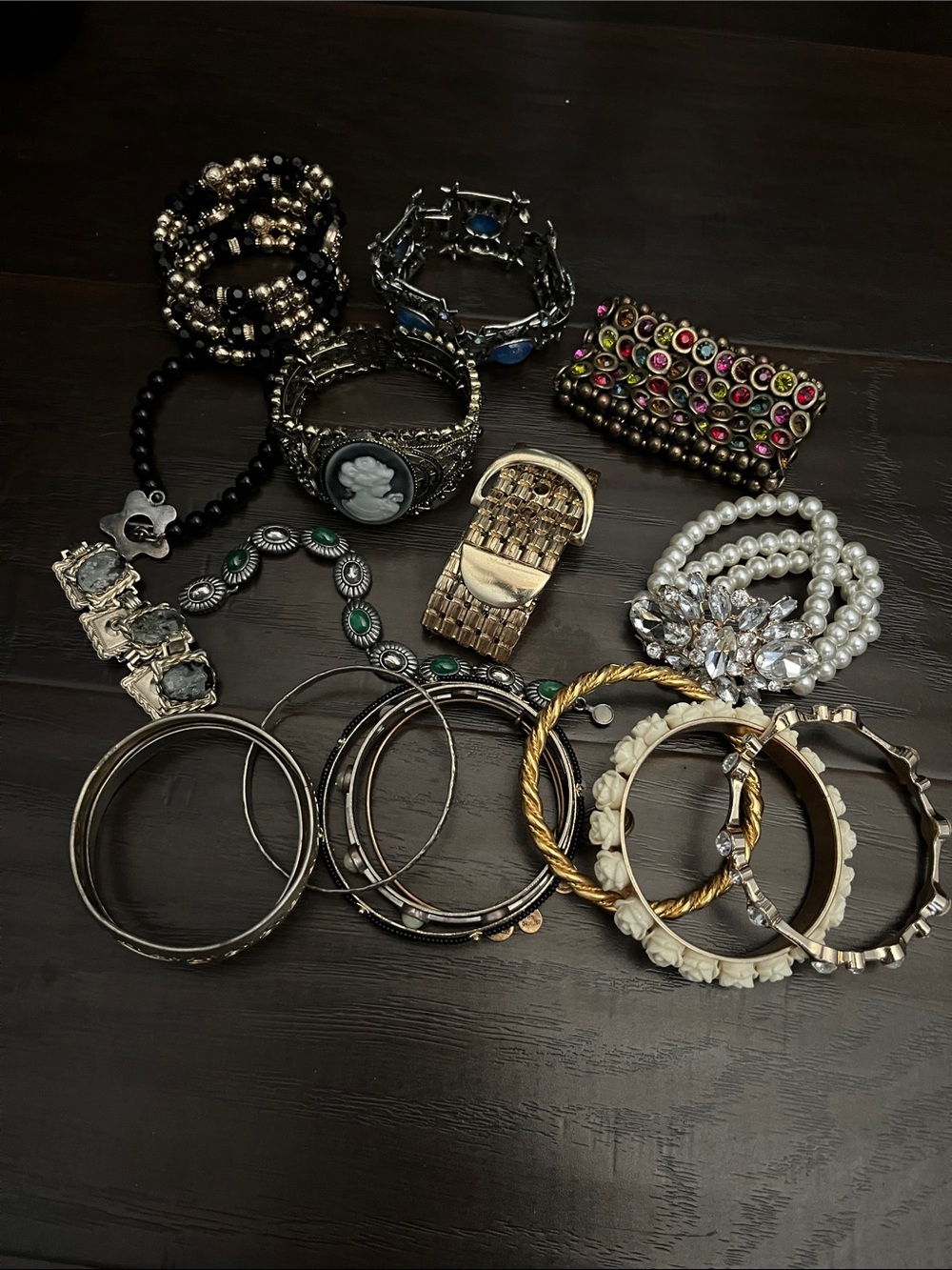 Assorted Women’s Bracelet Set - Gold, Silver, Pearl, Black, Green, Pink Accents